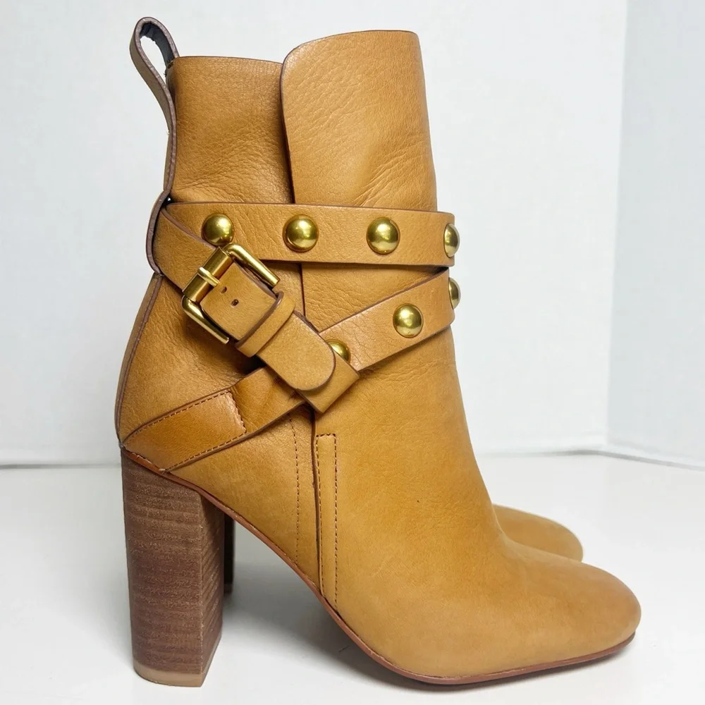 •SEE BY CHLOE• Janis Heeled Bootie in Brown Leather Gold Studded Size EU 35/US 5